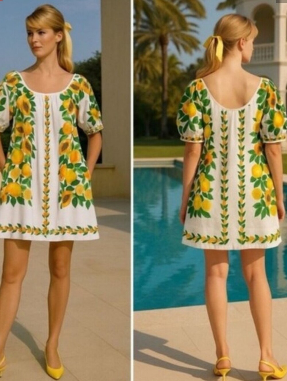 Farm Rio Women’s White and Yellow Papaya Puff Sleeve Mini Dress Large